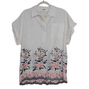 NEW Kindred Floral Shirt Womens Petite Size XL White V Neck Cotton Peasant Boho